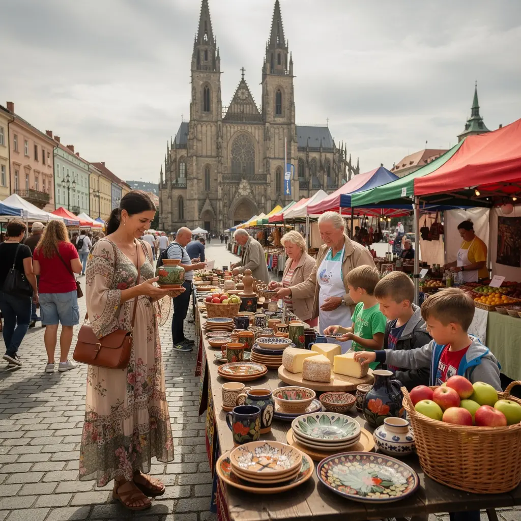 Travelers exploring a historic castle in Slovakia, surrounded by beautiful landscapes and autumn foliage.
